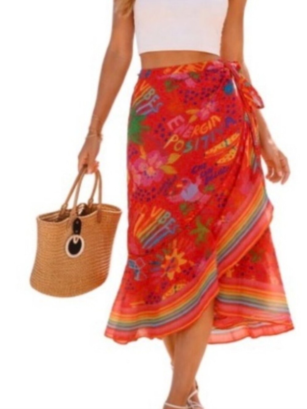 Farm Rio Tropical Carnival Midi Wrap Skirt, 100% Cotton